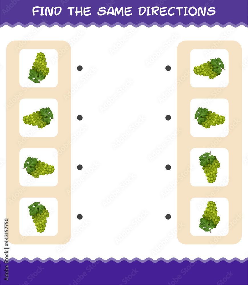 Match the same directions of white grape. Matching game. Educational game for pre shool years kids and toddlers