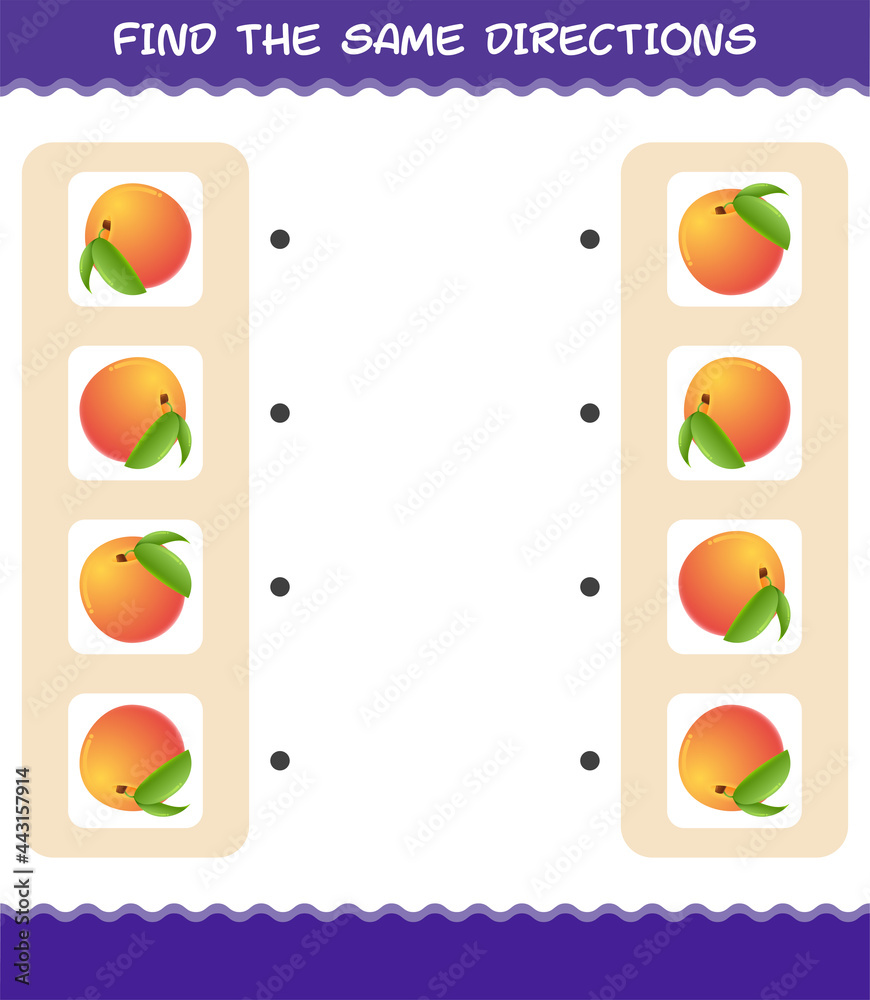 Match the same directions of peach. Matching game. Educational game for pre shool years kids and toddlers