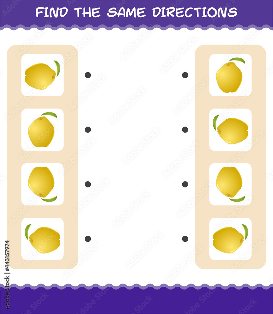 Match the same directions of quince. Matching game. Educational game for pre shool years kids and toddlers