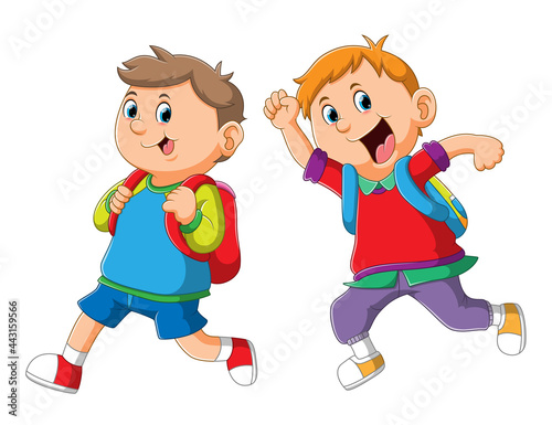 The student boys are going to school with the colorful uniform