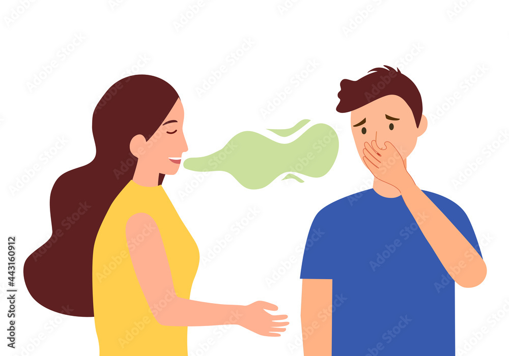 Woman with bad breath talking with her friend in flat design on white background. Smelly mouth concept vector illustration. Woman with bad breath talking with her friend in flat design on white background. Smelly mouth concept vector illustration.
