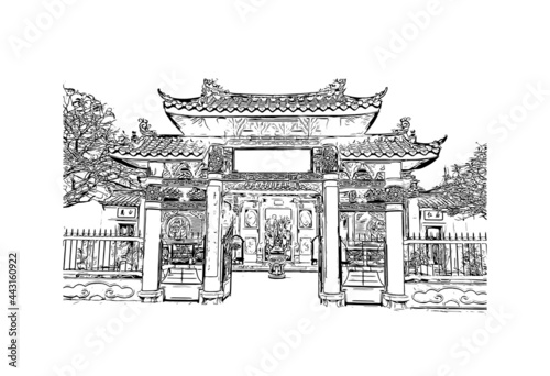 Building view with landmark of Hoi An is a city on Vietnam. Hand drawn sketch illustration in vector.