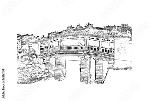 Building view with landmark of Hoi An is a city on Vietnam. Hand drawn sketch illustration in vector.