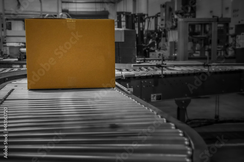 Canvas Print Brown e-commerce shipping box moves along automated conveyor rollers as it trans
