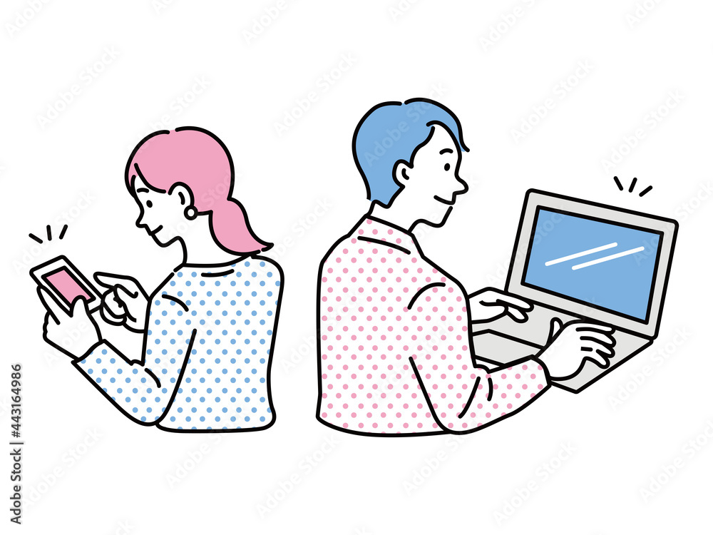 スマホ、パソコンで調べる男女のイラスト(アプリ、SNS、キャッシュレス、リサーチ、オンラインショッピング、予約) App, SNS, cashless, research, online shopping, reservation スマホ、パソコンで調べる男女のイラスト(アプリ、SNS、キャッシュレス、リサーチ、オンラインショッピング、予約) App, SNS, cashless, research, online shopping, reservation