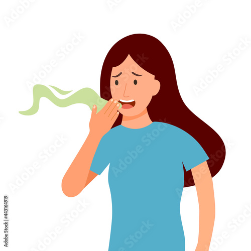 Woman with bad breath in flat design on white background. Smelly mouth concept vector illustration.