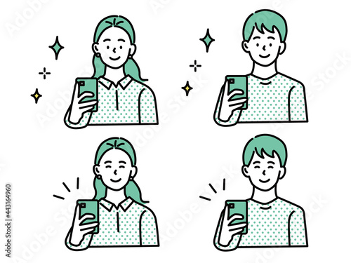 スマホを持つ男女のイラスト(スマートフォン決済、アプリ、SNS、キャッシュレス、: キャッシュレス、オンラインショッピング、QRコード) Smartphone payment, apps, SNS, cashless, cashless, online shopping, QR code