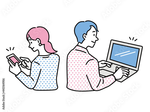 スマホ、パソコンで調べる男女のイラスト(アプリ、SNS、キャッシュレス、リサーチ、オンラインショッピング、予約) App, SNS, cashless, research, online shopping, reservation