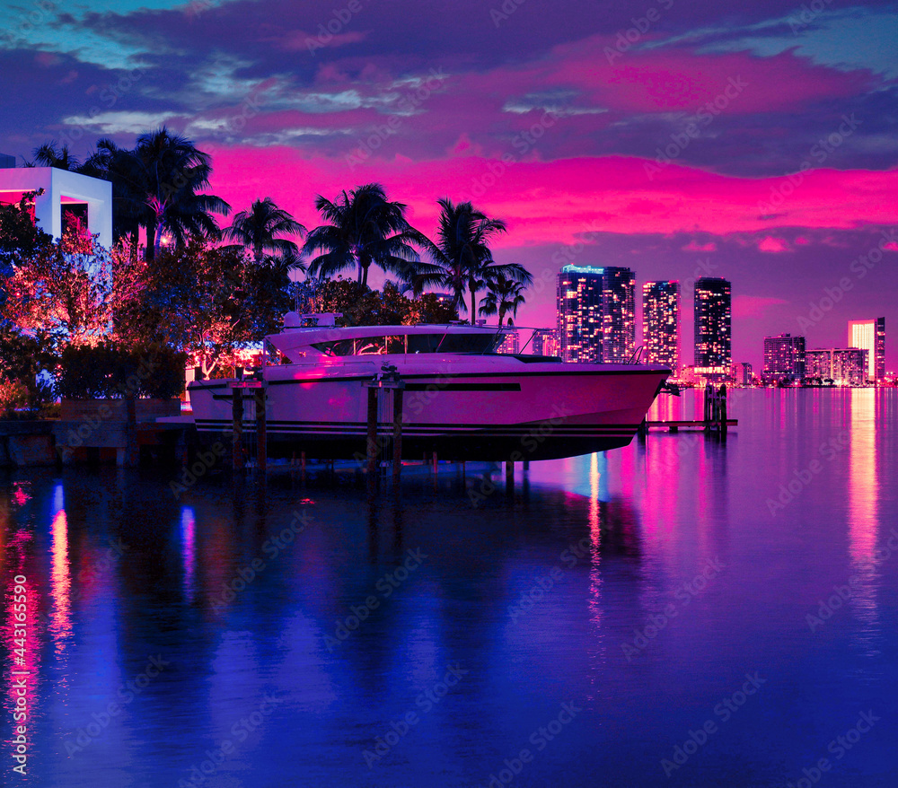 miami skyline night sea reflections boat yacht house palms beautiful sky view cute panorama wallpaper tropical florida usa 