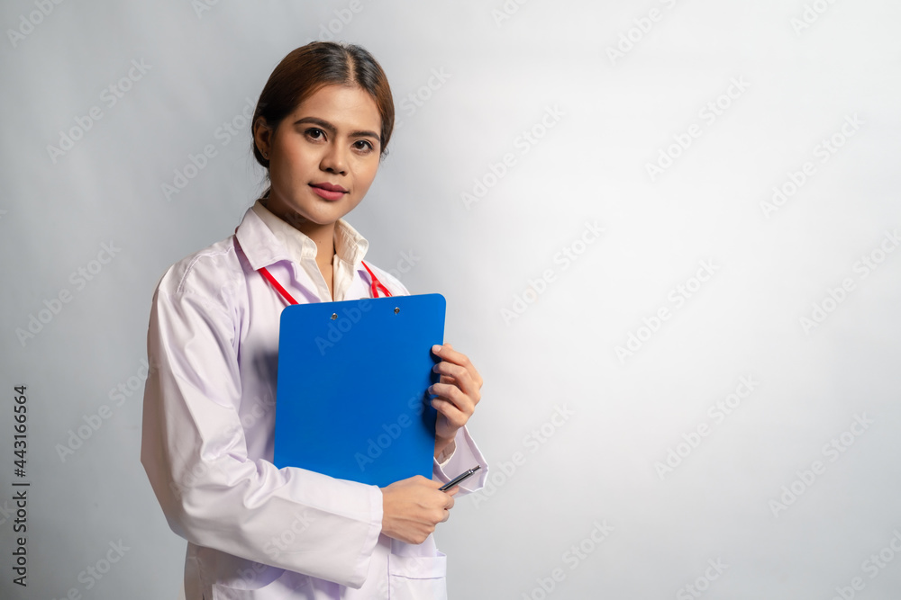 Doctor holding patient check board on white background Doctor holding patient check board on white background