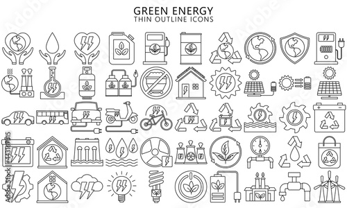 Power plant flat thin line icons set  green Energy  Vector illustration alternative renewable energy sources included solar  wind  hydro  tidal  geothermal and biomass  EPS 10 ready convert to SVG.