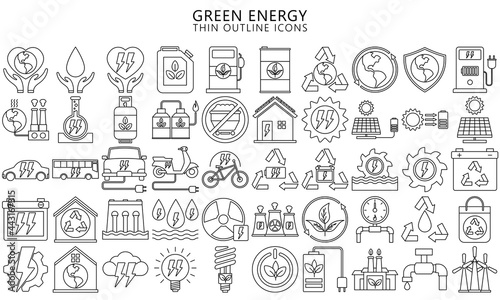 Power plant flat thin line icons set, green Energy, Vector illustration alternative renewable energy sources included solar, wind, hydro, tidal, geothermal and biomass, EPS 10 ready convert to SVG.