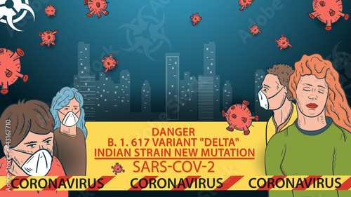 banner illustration for design design a new strain of the corona virus SARS-CoV-2 masked people on the background of the city the inscription name and signal tape