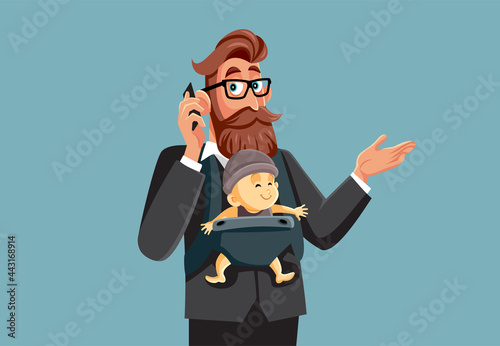 Busy Multitasking Father and Businessman Holding His Baby