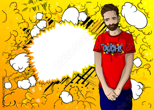 Portrait of shy modest handsome young man shrug shoulders over comics color background. Comic book style vector illustration.