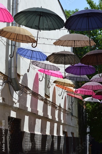 Kharkiv, Ukraine. View of small city line decorated by colorful umbrellas.