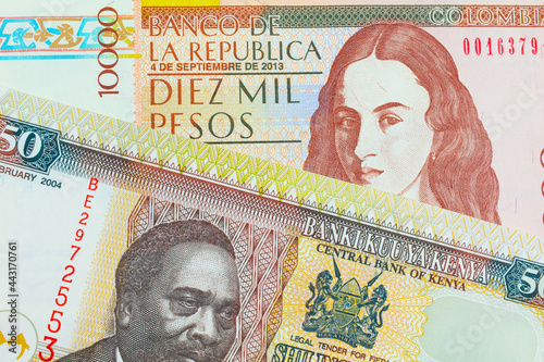 A macro image of a brown ten thousand bank note from Colombia paired up with a colorful fifty shilling bank note from Kenya. Shot close up in macro.