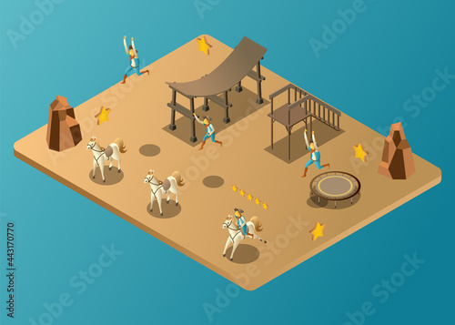 Isometric Vector Illustration Representing Game of Jumping Cowboys Into the Horses