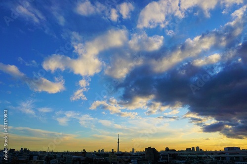 青から黄色への美しい空のグラデーションの映える東京の空とビルやタワー等の建造物立ち並ぶ風景 © MSAIA