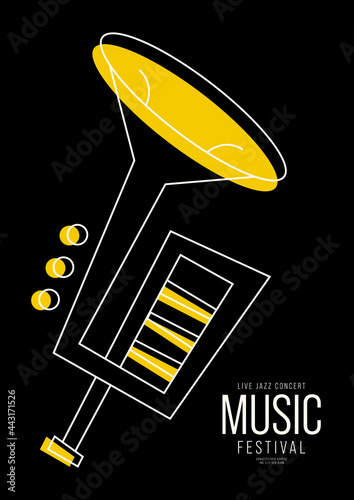 Music festival poster design template background with trumpet outline.