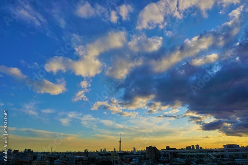 青から黄色への美しい空のグラデーションの映える東京の空とビルやタワー等の建造物立ち並ぶ風景 © MSAIA