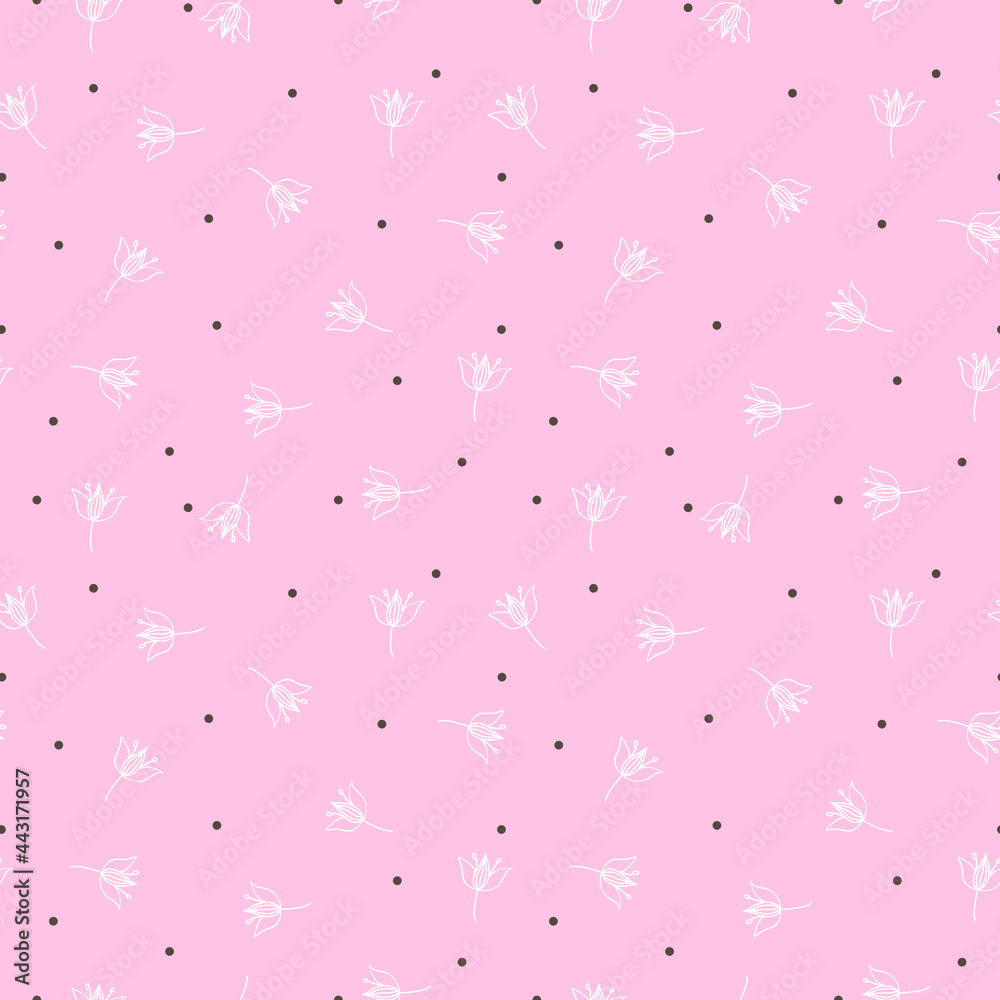 Cute seamless pattern with scattered flowers and dots. Simple girly print. Vector illustration.