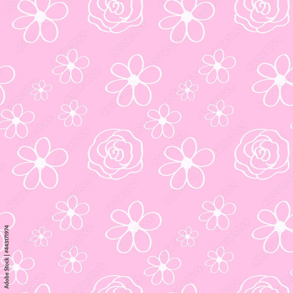 Cute seamless pattern with scattered flowers and dots. Simple girly print. Vector illustration.