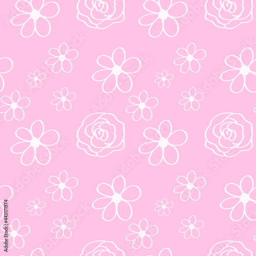 Cute seamless pattern with scattered flowers and dots. Simple girly print. Vector illustration.