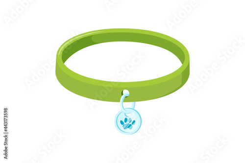Pet collar with silver pendant. Green animal collar for dogs and cats. Vector illustration in cute cartoon style photo