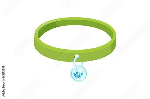 Pet collar with silver pendant. Green animal collar for dogs and cats. Vector illustration in cute cartoon style
