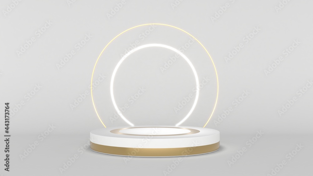 White stand with gold rim on a white background,mock up podium for product presentation,3D render White stand with gold rim on a white background,mock up podium for product presentation,3D render