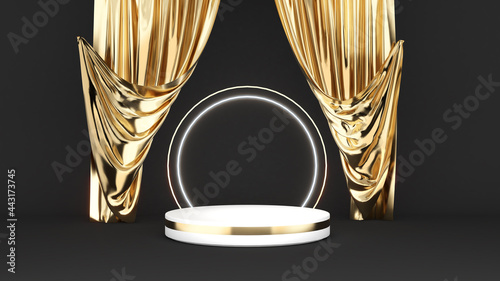 White pedestal on a black background with gold curtains,gold material,mock up podium for product presentation,3D render photo