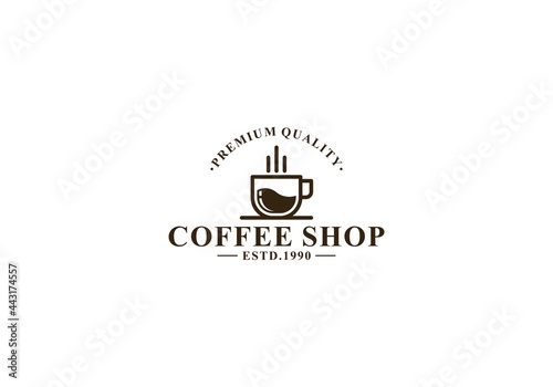 logo for a coffee shop with a cup of hot coffee illustration