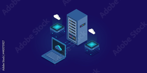 Cloud server network connection technology, cloud data processing system, online cloud data storage, business communication cloud computing background, isometric design illustration