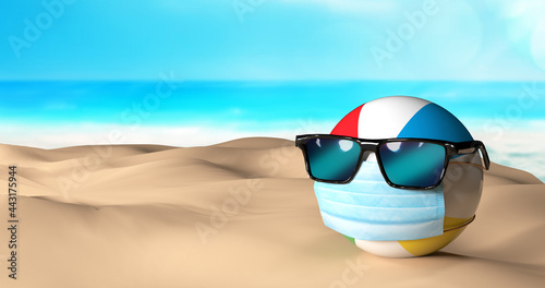 3D illustration of a beach ball wearing glasses and a mask © OutsiderCreative