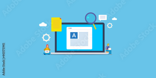 Content writing, blog post writing, copy writing concept. Content research and development, business blogging, teamwork, content marketing people, article editing and publication on web concept.