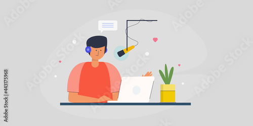 Radio host reading news on air, live podcast broadcasting. start podcasting audio, male podcasting host talking to microphone, digital media podcast interview communication business marketing concept.