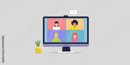 Video conference, virtual meetings, people on computer screen talking with employees, video call business meeting online, work from home, remote project management communication concept, background.