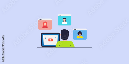 Webinar video call business meeting with office colleagues, virtual group discussion, web casting, distance working process, remote virtual assistance, online video conference, abstract background.