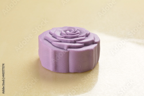 traditional healthy no oil baked yam taro lotus paste mooncake with sweet bean and mochi in purple rose flower shape lantern mid autumn festival halal product menu