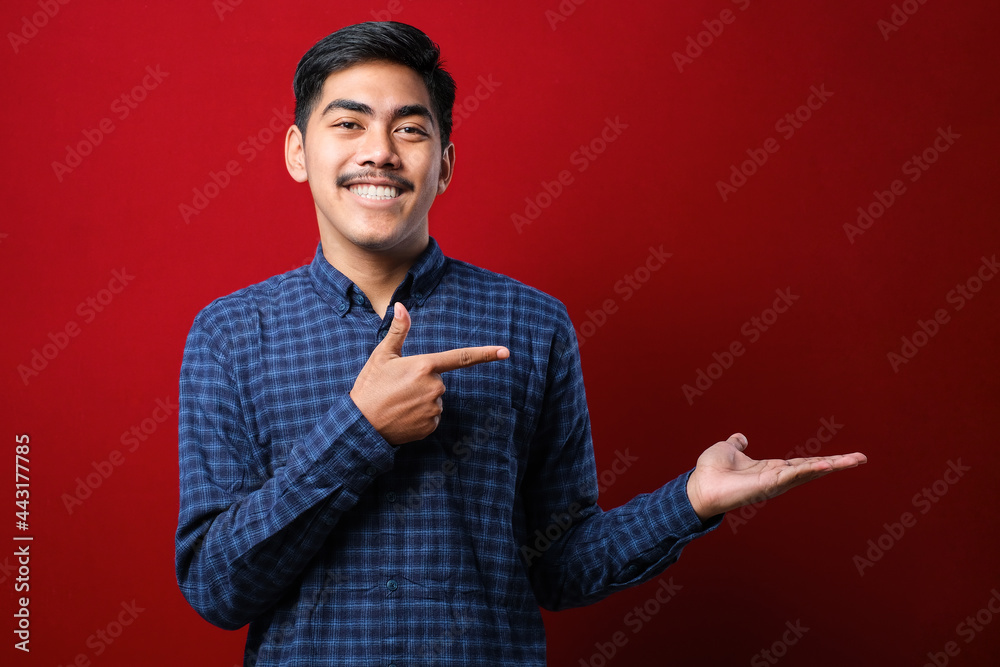 Young handsome man wearing casual shirt showing palm hand and doing ok gesture with thumbs up Young handsome man wearing casual shirt showing palm hand and doing ok gesture with thumbs up