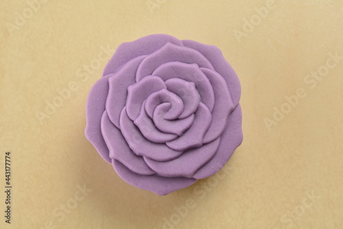 traditional healthy no oil baked yam taro lotus paste mooncake with sweet bean and mochi in purple rose flower shape lantern mid autumn festival halal product menu photo