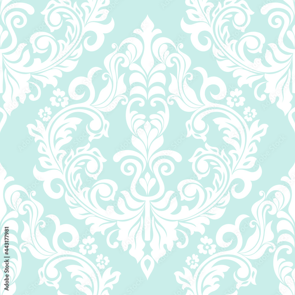 Damask seamless vector background. Wallpaper in the baroque style template. Blue and white floral element. Graphic ornate pattern for wallpaper, fabric, packaging, wrapping. Damask flower ornament.