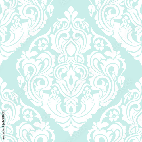 Damask seamless vector background. Wallpaper in the baroque style template. Blue and white floral element. Graphic ornate pattern for wallpaper, fabric, packaging, wrapping. Damask flower ornament.