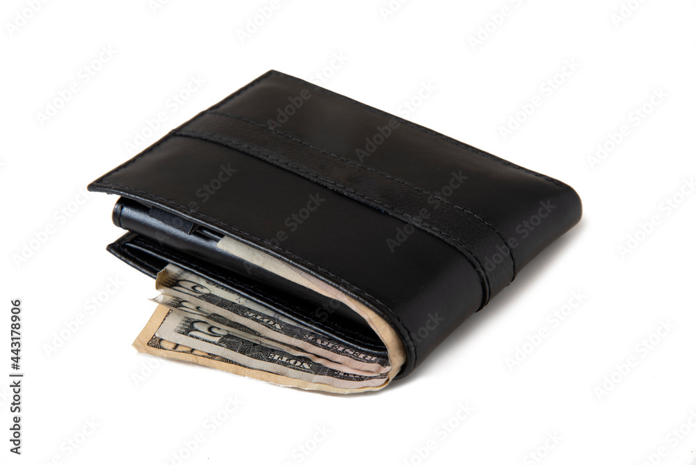 Wallet with cash sticking out of it on a white background Wallet with cash sticking out of it on a white background