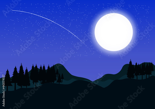 graphics image landscape view forest tree mountain silhouette twilight with moon vector illustration