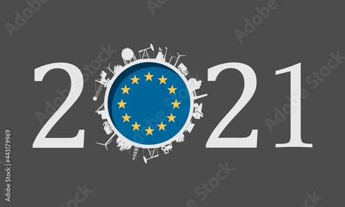 2021 year number with industrial icons around zero digit