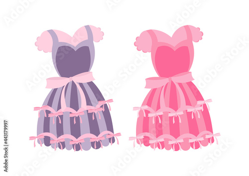 illustration of a dress design in two different colors purple and pink, with a ribbon around it