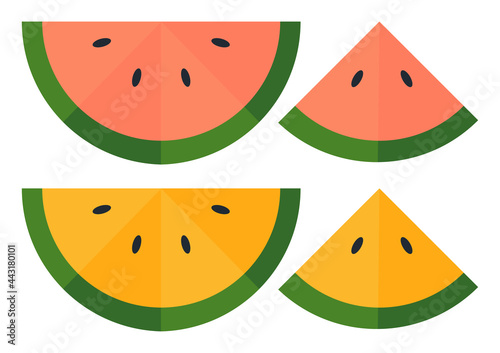 Illustration of watermelon fruit with a fresh blend of red and pink, green and light green