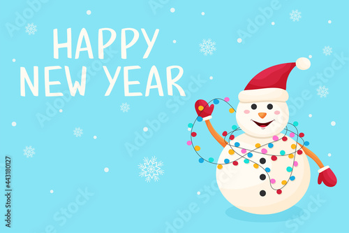 Happy snowman with a girdle New Year card vector. Happy new year lettering greeting card. Winter banner with the symbol of the year
